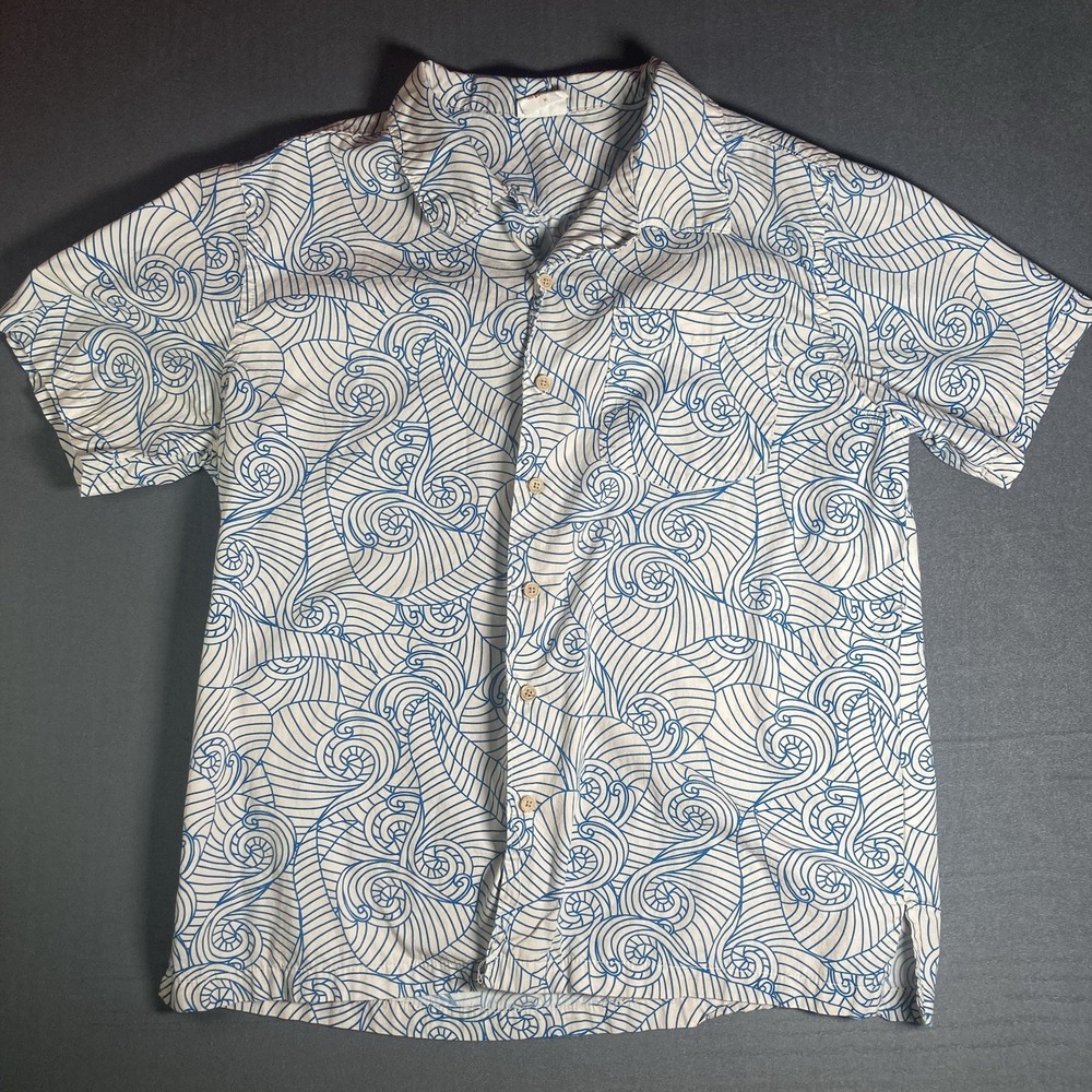 Barefoot In Paradise Blue Wave Print Hawaiian Shirt Men's Size M